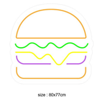 LED-neonskilt hamburger i oransje, grønt, gult og lilla; størrelse 80x77 cm