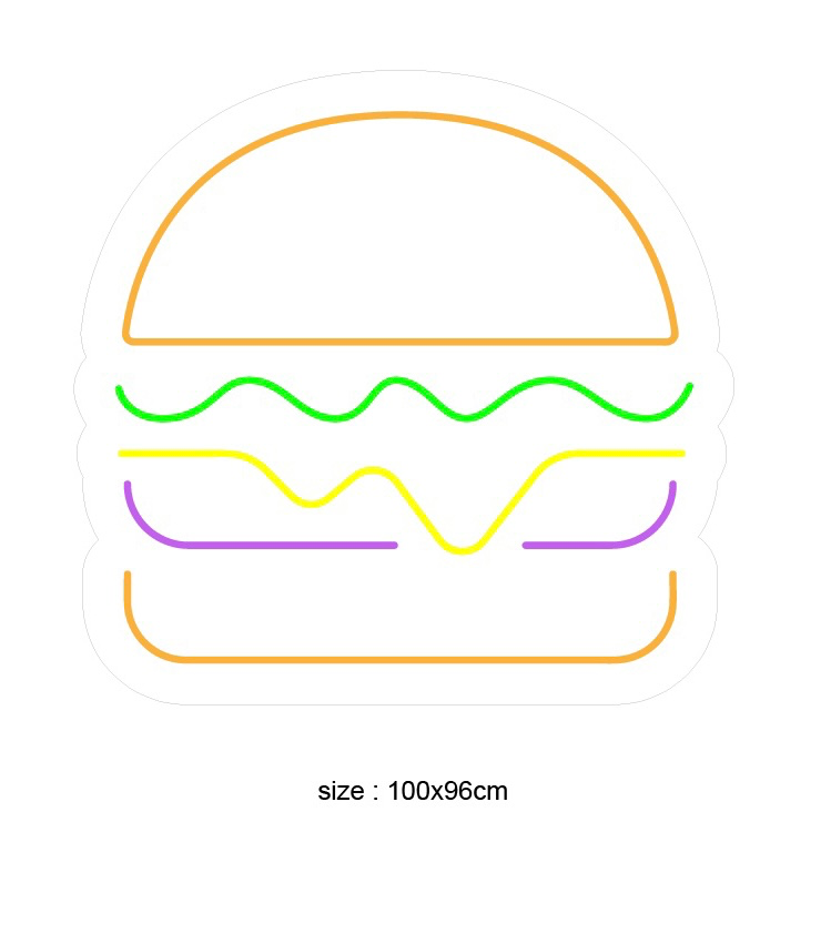 LED-neonskilt hamburger i oransje, grønt, gult og lilla; størrelse 100x96 cm