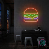 LED-neonskilt med hamburgerform, oransje øvre del og regnbuelinjer under