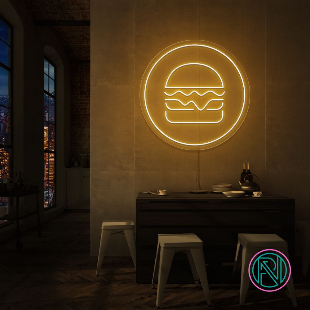 Gi rommet ditt en kulinarisk kant med 'hamburger i sirkel' led neonskilt. Perfekt for restauranter, matboder eller kjøkkenet til en burgerentusiast! velg din favorittfarge for å skape en appetittvekkende atmosfære som får tennene til å løpe i vann.