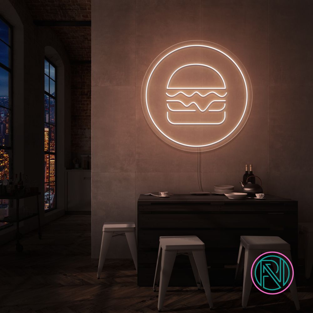 Gi rommet ditt en kulinarisk kant med 'hamburger i sirkel' led neonskilt. Perfekt for restauranter, matboder eller kjøkkenet til en burgerentusiast! velg din favorittfarge for å skape en appetittvekkende atmosfære som får tennene til å løpe i vann.