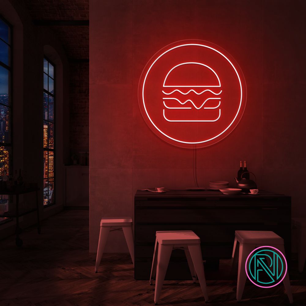 Gi rommet ditt en kulinarisk kant med 'hamburger i sirkel' led neonskilt. Perfekt for restauranter, matboder eller kjøkkenet til en burgerentusiast! velg din favorittfarge for å skape en appetittvekkende atmosfære som får tennene til å løpe i vann.