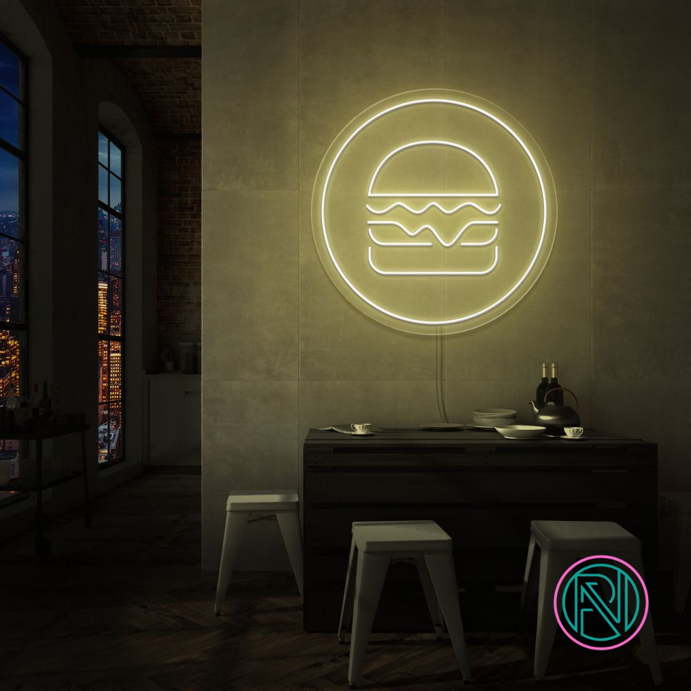 Gi rommet ditt en kulinarisk kant med 'hamburger i sirkel' led neonskilt. Perfekt for restauranter, matboder eller kjøkkenet til en burgerentusiast! velg din favorittfarge for å skape en appetittvekkende atmosfære som får tennene til å løpe i vann.