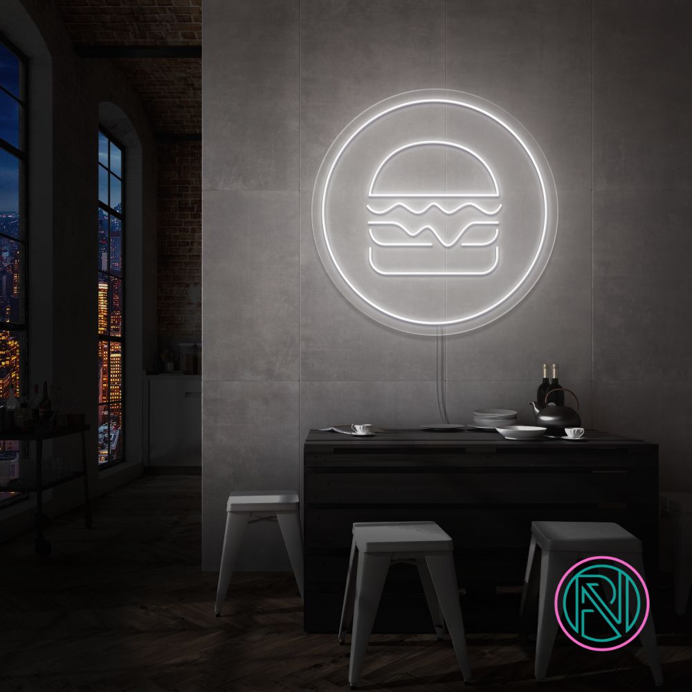 Gi rommet ditt en kulinarisk kant med 'hamburger i sirkel' led neonskilt. Perfekt for restauranter, matboder eller kjøkkenet til en burgerentusiast! velg din favorittfarge for å skape en appetittvekkende atmosfære som får tennene til å løpe i vann.