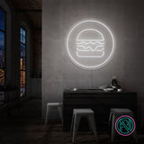Rund LED-neonskilt med hamburgermotiv, kald hvit glød