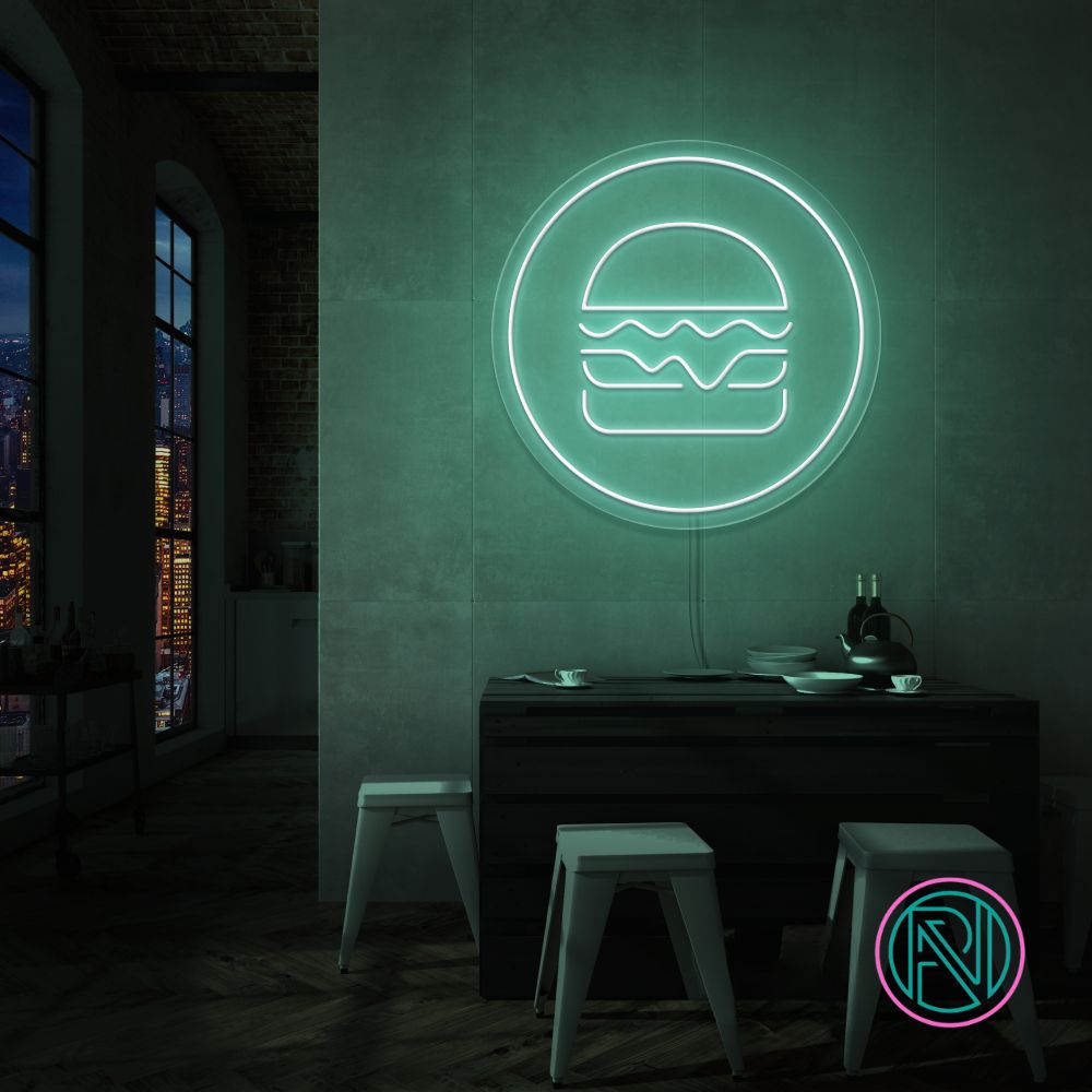 Gi rommet ditt en kulinarisk kant med 'hamburger i sirkel' led neonskilt. Perfekt for restauranter, matboder eller kjøkkenet til en burgerentusiast! velg din favorittfarge for å skape en appetittvekkende atmosfære som får tennene til å løpe i vann.
