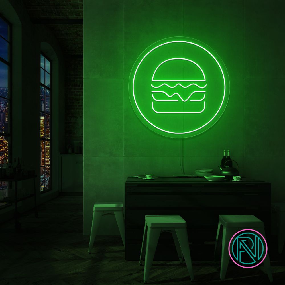 Gi rommet ditt en kulinarisk kant med 'hamburger i sirkel' led neonskilt. Perfekt for restauranter, matboder eller kjøkkenet til en burgerentusiast! velg din favorittfarge for å skape en appetittvekkende atmosfære som får tennene til å løpe i vann.