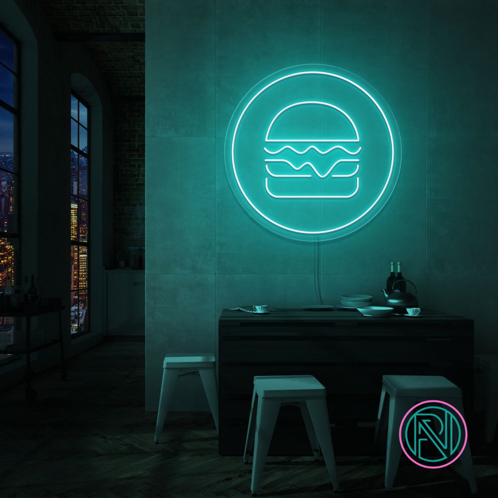 Gi rommet ditt en kulinarisk kant med 'hamburger i sirkel' led neonskilt. Perfekt for restauranter, matboder eller kjøkkenet til en burgerentusiast! velg din favorittfarge for å skape en appetittvekkende atmosfære som får tennene til å løpe i vann.