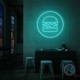 LED-neonskilt «Hamburger i sirkel» med turkis neon-glød