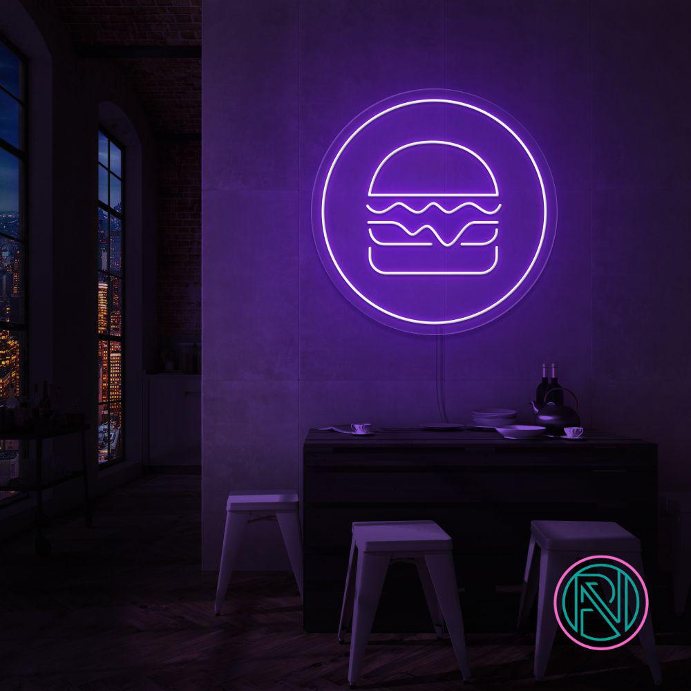 Gi rommet ditt en kulinarisk kant med 'hamburger i sirkel' led neonskilt. Perfekt for restauranter, matboder eller kjøkkenet til en burgerentusiast! velg din favorittfarge for å skape en appetittvekkende atmosfære som får tennene til å løpe i vann.
