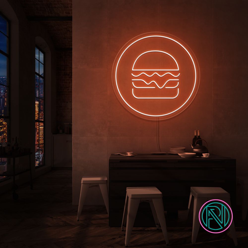 Gi rommet ditt en kulinarisk kant med 'hamburger i sirkel' led neonskilt. Perfekt for restauranter, matboder eller kjøkkenet til en burgerentusiast! velg din favorittfarge for å skape en appetittvekkende atmosfære som får tennene til å løpe i vann.