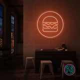LED-neonskilt «Hamburger i sirkel» med oransje neon-glød