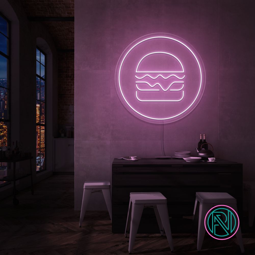 Gi rommet ditt en kulinarisk kant med 'hamburger i sirkel' led neonskilt. Perfekt for restauranter, matboder eller kjøkkenet til en burgerentusiast! velg din favorittfarge for å skape en appetittvekkende atmosfære som får tennene til å løpe i vann.
