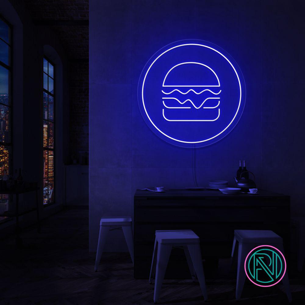 Gi rommet ditt en kulinarisk kant med 'hamburger i sirkel' led neonskilt. Perfekt for restauranter, matboder eller kjøkkenet til en burgerentusiast! velg din favorittfarge for å skape en appetittvekkende atmosfære som får tennene til å løpe i vann.