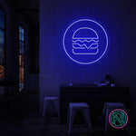 LED-neonskilt «Hamburger i sirkel» med blå neon-glød