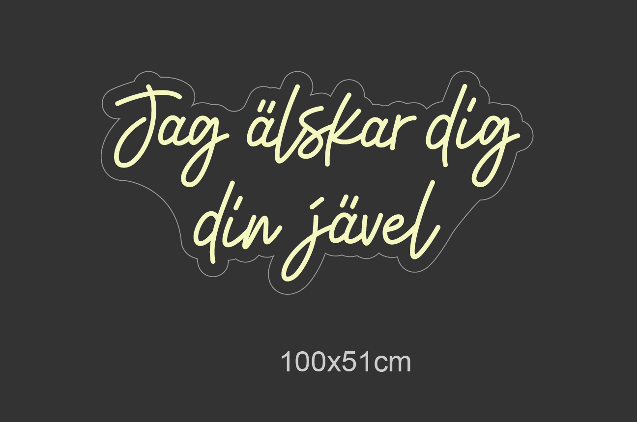 Sett et personlig preg på omgivelsene med vårt 'jag älskar dig din jävel' led neonskilt. Dette moderne og stilige skiltet tilbyr en varm glød og er ideelt for alle som ønsker å uttrykke sine følelser med et snev av humor. Tilpasset for det norske markedet, er dette et blikkfang som garantert vil vekke oppmerksomhet og sette stemningen i ethvert rom.