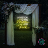 LED-neonskilt med gul tekst: «LOVE YOU TO THE MOON AND BACK»