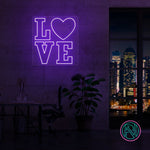 LED neonskilt med LOVE og hjerte, fiolett lys