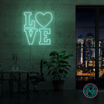 LED neonskilt med LOVE-tekst og hjerte, grønn lysramme