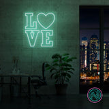 LED neonskilt med LOVE-tekst og hjerte, grønn lysramme