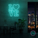 LED neonskilt med LOVE-tekst og hjerte, turkis lysramme