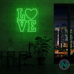 LED neonskilt med LOVE-tekst og hjerte, klar grønn belysning