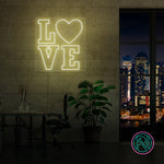 LED neonskilt med LOVE og hjerte, varmt gult lys
