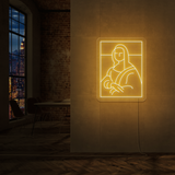 Neonskilt med Mona Lisa-motiv, hvit LED-lysramme og konturer