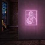 Neonskilt med Mona Lisa-motiv, lilla LED-lysramme og konturer