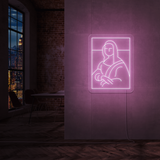 Neonskilt med Mona Lisa-motiv, lilla LED-lysramme og konturer