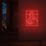 Neonskilt med Mona Lisa-motiv, rød LED-lysramme og konturer