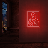 Neonskilt med Mona Lisa-motiv, rød LED-lysramme og konturer