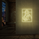 Neonskilt med Mona Lisa-motiv, varm gul LED-lysramme og konturer