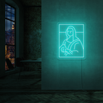 LED neonskilt med portrett i kvadrat, lys cyan glød