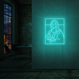 LED neonskilt med portrett i kvadrat, lys cyan glød