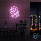 LED-neonskilt med Einsteins portrett, veggmontert, med lilla lys