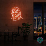 LED-neonskilt med Einsteins portrett, veggmontert, med oransje lys