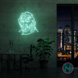 LED-neonskilt med Einsteins portrett, veggmontert, med grønt lys