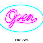 LED-neonskilt «Open» 60x38 cm, blå og rosa neonlys i oval form