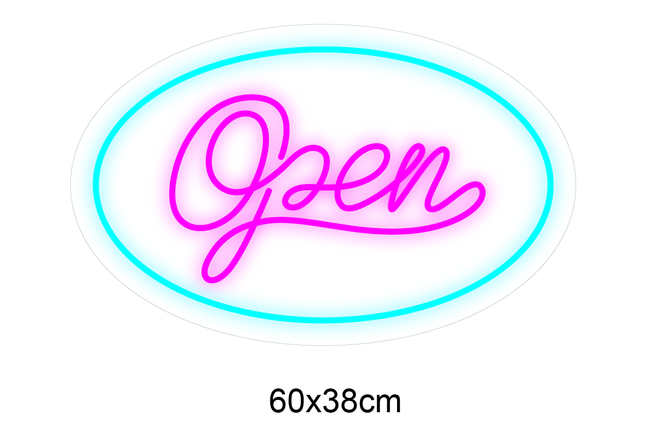 LED-neonskilt «Open» 60x38 cm, blå og rosa neonlys i oval form