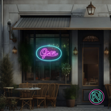 LED-neonskilt med ramme, «Open», blå og rosa neonlys