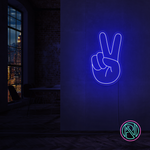 LED neonskilt med fredstegn i håndgest: blå neon