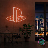 LED neonskilt med PlayStation-logo, oransje lys