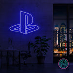 LED neonskilt med PlayStation-logo, blått lys