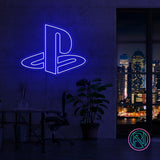 LED neonskilt med PlayStation-logo, blått lys