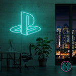 LED neonskilt med PlayStation-logo, turkisgrønt lys