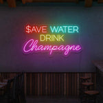 LED-neonskilt med “SAVE WATER DRINK Champagne” i rødt, cyan og rosa lys