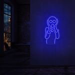 LED-neonskilt med kontur av skrikende figur, lysende blå