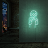 LED-neonskilt med kontur av skrikende figur, lysende lyseblågrønn