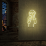 LED-neonskilt med kontur av skrikende figur, lysende lys gul